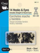 A pack of 14 sets of black hooks and eyes from dritz. They are size 1. There are 14 hooks, 7 straight eyes, and 7 round eyes. The packaging is blue and beige. 