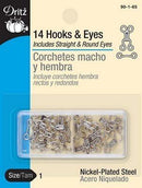 A set of 14 silver hooks and eyes from Dritz. They are size 1. The package includes 14 hooks, 7 straight eyes, and 7 round eyes. The packaging is blue and beige. 