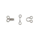 An example of one of each of the pieces included in this set: one hook, one round eye, and one straight eye. They are silver on a white background. 