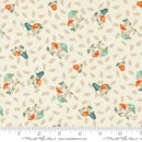 I Love Fall Most Warm White 56142 11 Moda - fabric swatch of multi colored blue, teal, and turquoise mushrooms tossed on a light beige background