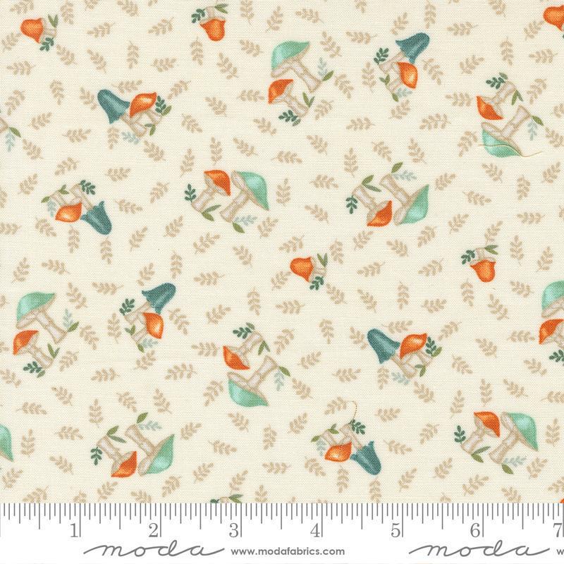 I Love Fall Most Warm White 56142 11 Moda - fabric swatch of multi colored blue, teal, and turquoise mushrooms tossed on a light beige background