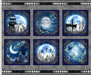 A fabric panel featuring six patches with dreamlike elements and moons