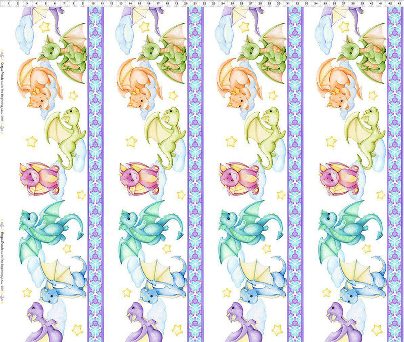 In the Beginning Dragon Friends Border 3DF-1 - showing the border stripe of adorable dragons repeats four times in every width of fabric