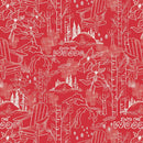 Red and white pattern with Adirondack chairs and 'Into the Woods' text on a red background