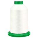 A large white isacord embroidery thread spool on a white background. 