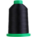 A large spool of black Isacord embroidery thread on a white background. 