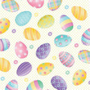 Pattern of colorful Easter eggs on a white, polka dotted background