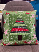 Learn How to Paper Piece with Kathi at Sew Jersey in East Hanover, Tuesday, November 18th: 10:30 AM - 2:30 PM A close up sample of a completed Christmas tree pillow with embroidered names
