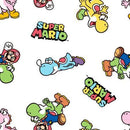 Pattern of colorful yoshis and Mario tossed on a white background. 