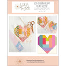 A quilt block pattern cover for the 'Log Cabin Heart Quilt Block' by Liza Taylor Handmade. The cover features a pastel peach background with three panels: a main photo of a completed heart quilt block made from colorful patterned paper pieces with a ribbon, a smaller inset of two completed blocks, and a large graphic showing the geometric patchwork design of the heart.