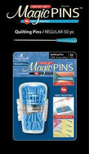 A package of 50 magic quilting pins, regular size. These pins are heat resistant and include a comfort grip for ease of use. 
