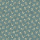 A repeating floral pattern featuring small cream-colored botanical motifs on a muted blue-green background.