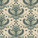 A repeating ornamental paisley and floral pattern on a warm beige background, with teal, blue, and sage green motifs and small dark blue flower accents.