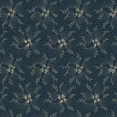 A repeating pattern of cream-colored floral and leaf motifs on a dark navy blue background.