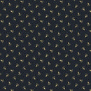 A repeating pattern of small gold leaf-like motifs on a dark navy blue background.