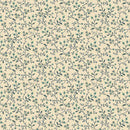 A repeating floral pattern with delicate blue-gray vines and small teal blossoms on a warm cream background.