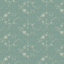 A repeating floral pattern on a muted sage green background, featuring small cream flowers and delicate stems.