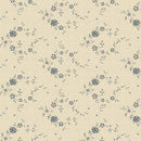 A repeating floral pattern on a warm cream fabric background, featuring muted blue-gray flowers and small leaves arranged in diagonal clusters.