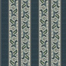 A close-up of a patterned fabric or wallpaper showing vertical stripes with ornate floral and leaf motifs in muted green, cream, and dark blue-gray.