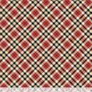 Red, black, and cream tartan plaid fabric with a ruler scale visible along the bottom edge.