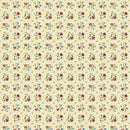 A repeating vintage-style floral pattern on a cream background, featuring small geometric patterns with red, blue, yellow, and green flowers and stems.