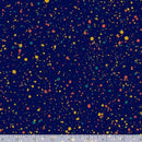 Colorful dot pattern on a blue background with a fabric swatch at the bottom.