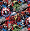 Marvels Avenger Fabric featuring a variety of heroes in dramatic poses on a medium blue background. 