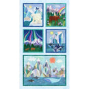 Set of six illustrated panels featuring polar bears, mountains, and nature scenes on a blue background.