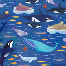 Illustration of marine life including whales, seals, and fish on a blue background