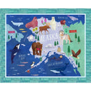 Map of Alaska with various animals and geographical features on a blue and green background.