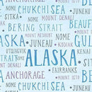 Alaska-themed fabric with various city names printed on a blue background