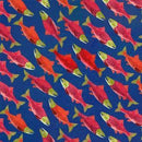 Pattern of red fish with green fins on a blue background