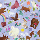 Pattern of various animals and nature elements on a light blue background