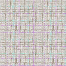 A woven cotton fabric swatch featuring intersecting brown, blue, and purple lines on a light gray background. 