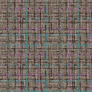 A fabric swatch featuring intersecting lines in teal, aqua, and brown on a lighter brown and beige base. 