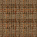 A woven cotton fabric swatch featuring a grid like pattern in orange and several shades of brown on a cappuccino brown background. 