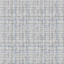 A close-up of a woven fabric texture with a light gray and white base and a subtle blue and gray grid pattern.
