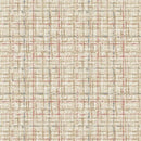 Woven fabric with a beige base and a subtle plaid pattern in muted red, blue, and gray lines.