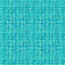 A close-up of a woven fabric in bright turquoise blue with subtle lighter blue and white threads creating a plaid-like pattern.