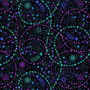 A seamless celestial pattern featuring stars, shooting stars, suns, and geometric shapes in vibrant purple, cyan, and blue on a solid black background.