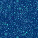 A repeating celestial pattern featuring light blue stars, comets, sunburst motifs, and geometric shapes on a deep navy blue background.