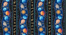 A repeating wavy pattern featuring colorful planets, suns, stars, and vertical bands of gold runic symbols on a deep blue and black cosmic background.