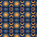 A repeating celestial pattern featuring stylized orange suns, crescent moons, and stars on a dark blue background.