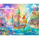 Colorful fantasy scene with a ship, castles, and mermaids in a magical landscape.
