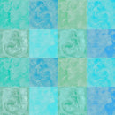 Patterned fabric with blue and green tones featuring abstract faces and swirls.