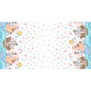 Decorative border with cartoon elephants and colorful bubbles on a white background