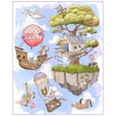 Illustration of a treehouse on a floating island with hot air balloons and boats.