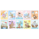 Set of 9 cartoon-style cards with animals in various scenarios on a white background