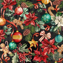 A festive Christmas pattern featuring red poinsettias, green holly leaves, pinecones, ornaments, candy canes, gingerbread men, and ribbons on a dark background.