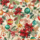 A festive Christmas pattern featuring red poinsettias, green holly leaves, pine branches, ornaments, candy canes, gingerbread men, pinecones, and red ribbons on a cream background.